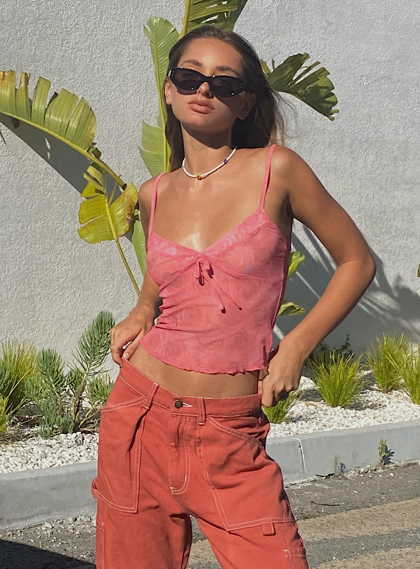 front view of model wearing Princess Polly Love Bites Cami Roses 