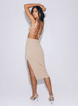 Front view of model wearing  front Princess Polly Square Neck  Lainey Midi Dress Beige