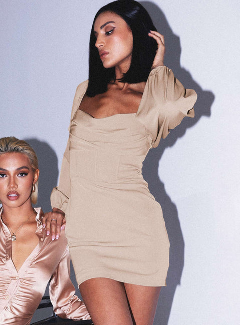 Front view of model wearing  front Princess Polly High Neck  Lillie Long Sleeve Mini Dress Beige