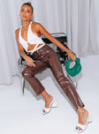 front view of model wearing Princess Polly Lillie PU Pants Brown 