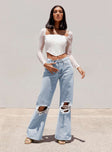 Princess Polly Mid Rise  Maple Flare Jeans Knee Rips Light Wash Denim