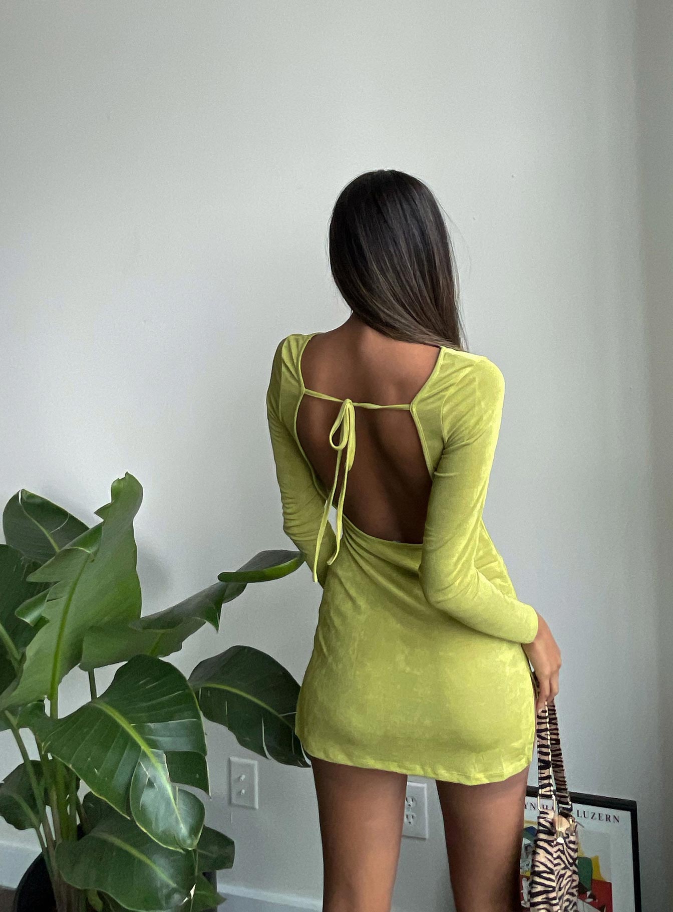 back view of model wearing Princess Polly Montana Mini Dress Green 