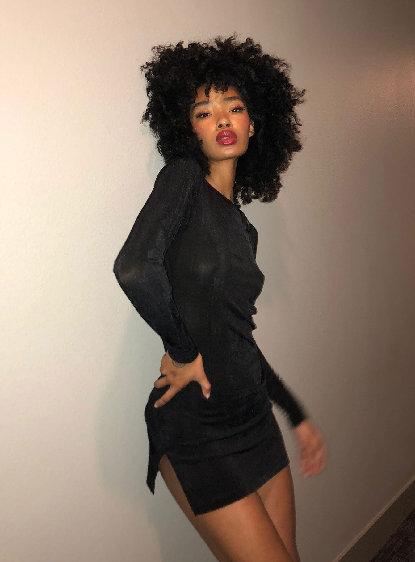 Front view of model wearing  front Princess Polly High Neck  Montana Mini Dress Black