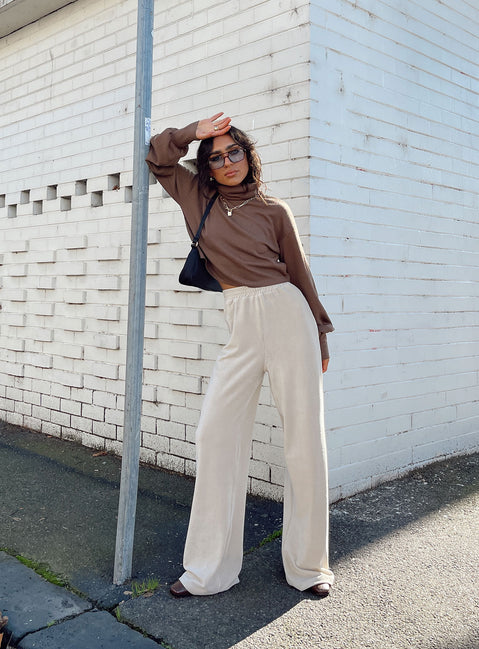 front view of model wearing Princess Polly Motel Obeli Trouser Rib Cream 