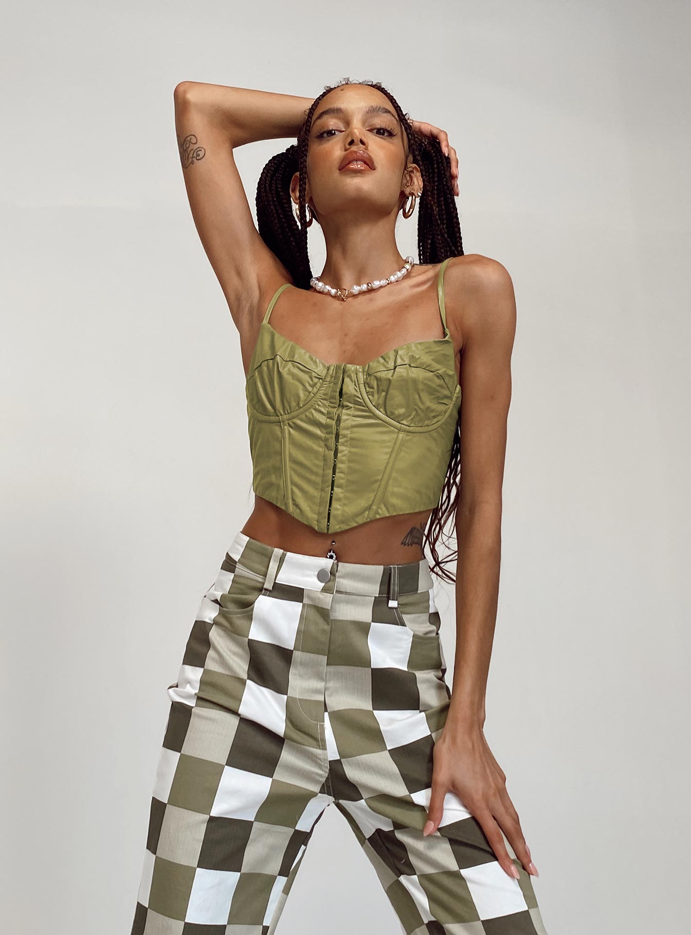 side view of model wearing Princess Polly Marilyn Top Green 