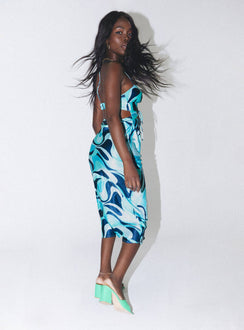 side view of model wearing Princess Polly Mayia Midi Dress Blue Multi 