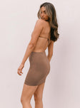 back view of model wearing Princess Polly Mia Asymmetrical Mini Dress Brown 