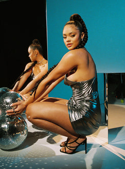 back view of model wearing Princess Polly Motel Pivana Dress Silver Metallic 