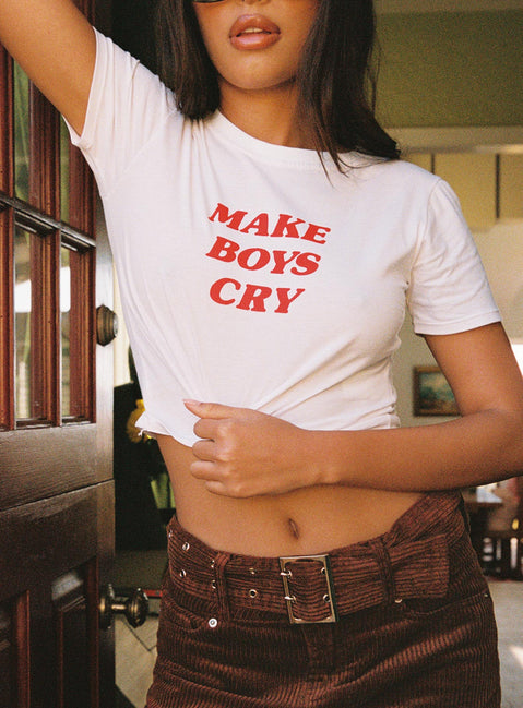 front view of model wearing Princess Polly Motel Shrunk Tee White Make Boys Cry 