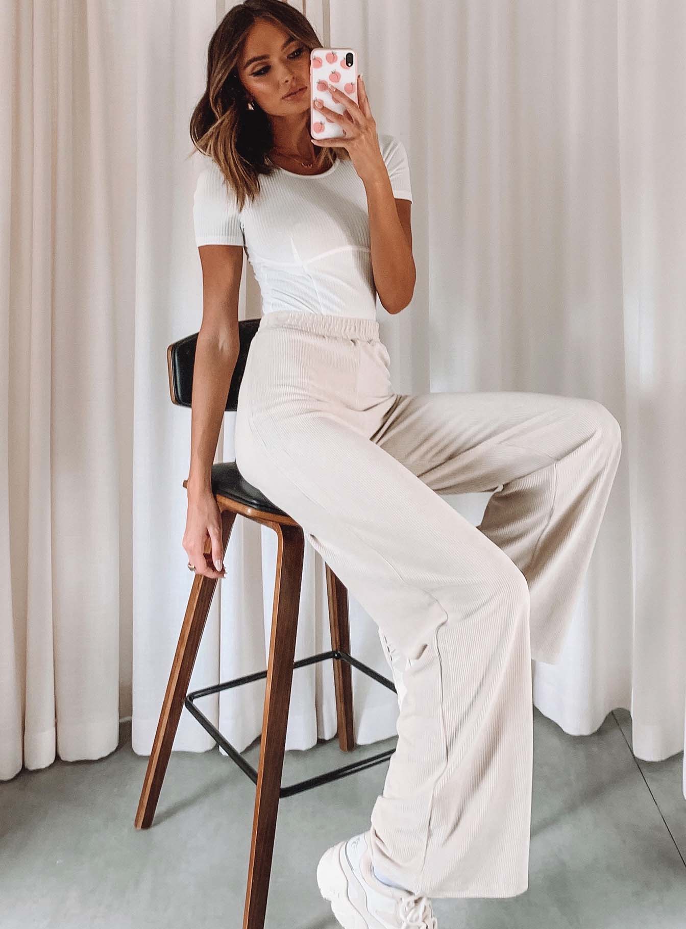 front view of model wearing Princess Polly Motel Obeli Trouser Rib Cream 