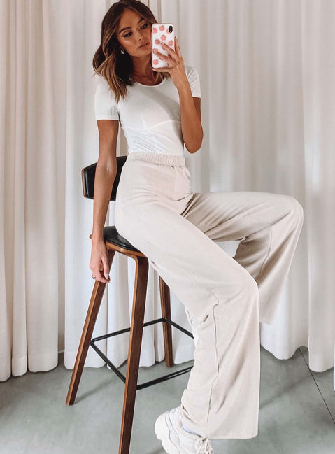 front view of model wearing Princess Polly Motel Obeli Trouser Rib Cream 