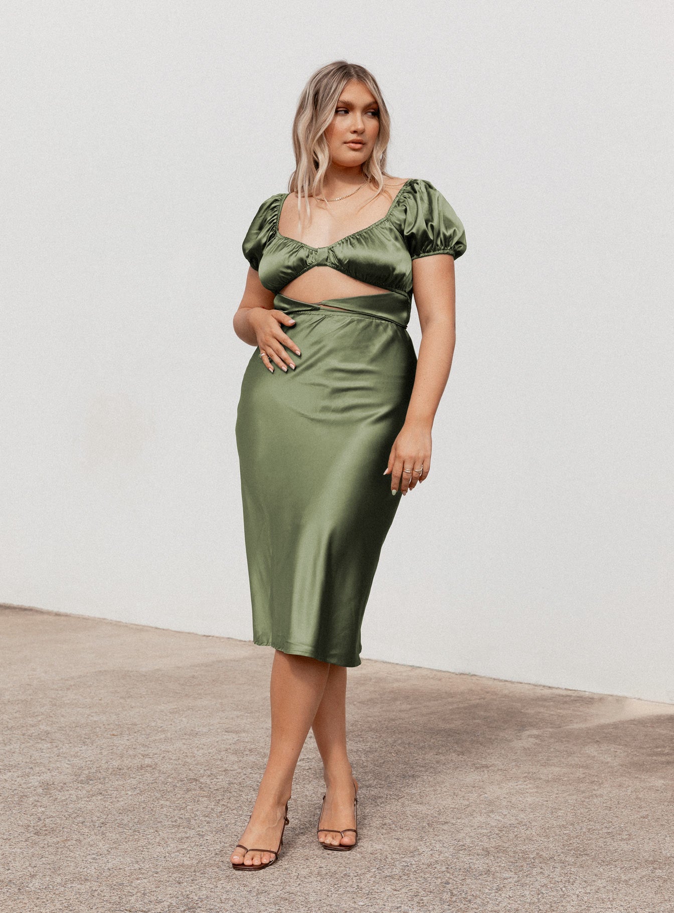 side view of model wearing Princess Polly Nakita Midi Dress Khaki 