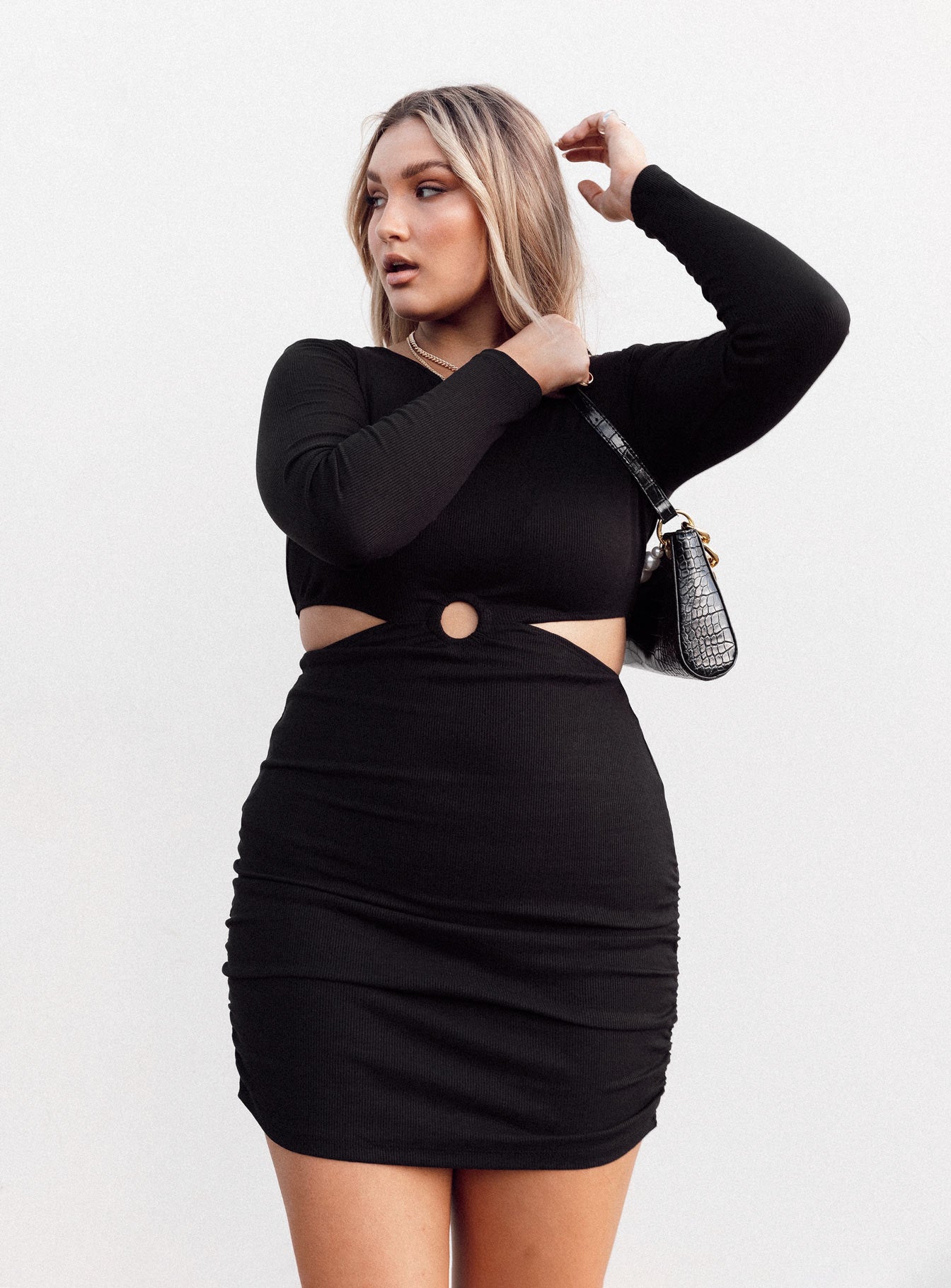 front view of model wearing Princess Polly Orani Long Sleeve Mini Dress Black 