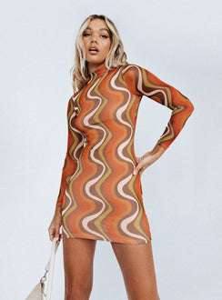 product Princess Polly Asymmetric Neckline  Orion Long Sleeve Mini Dress Orange Multi