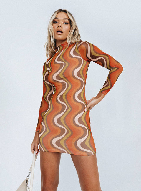 product Princess Polly Asymmetric Neckline  Orion Long Sleeve Mini Dress Orange Multi