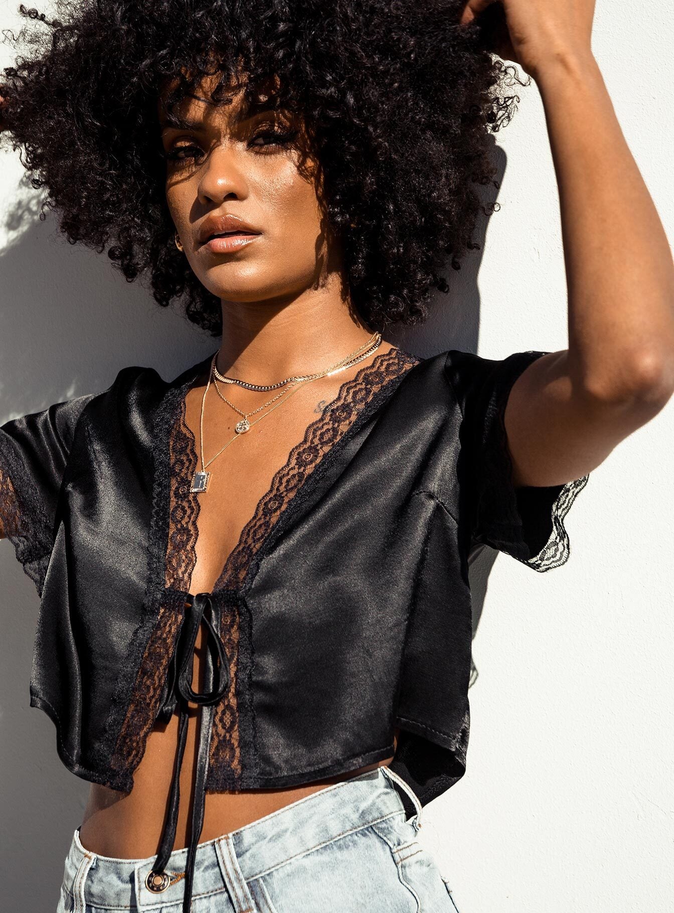 front view of model wearing Princess Polly Vintage Tie Up Top Black 