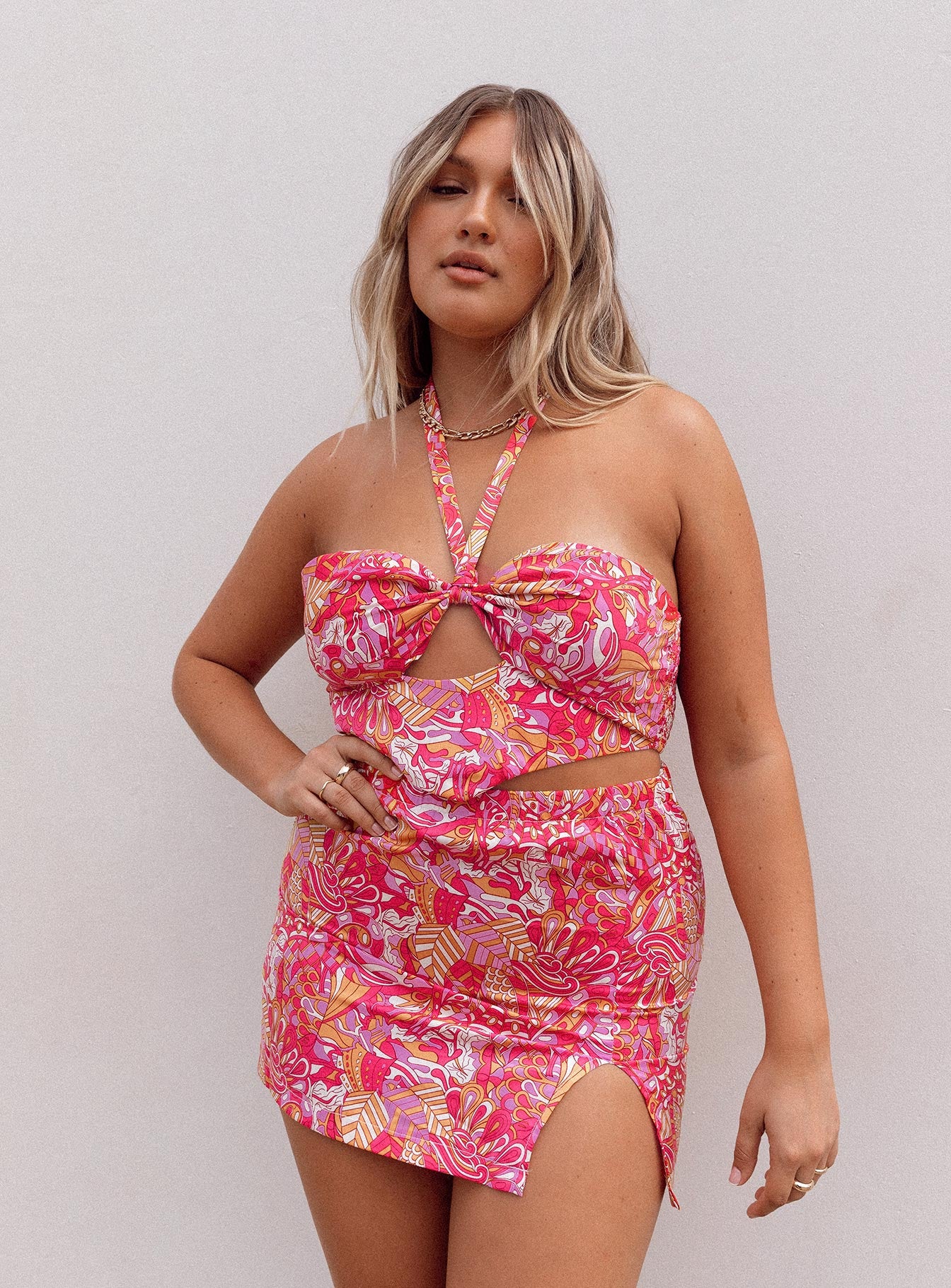   front view of model wearing Princess Polly Taina Mini Skirt Pink 