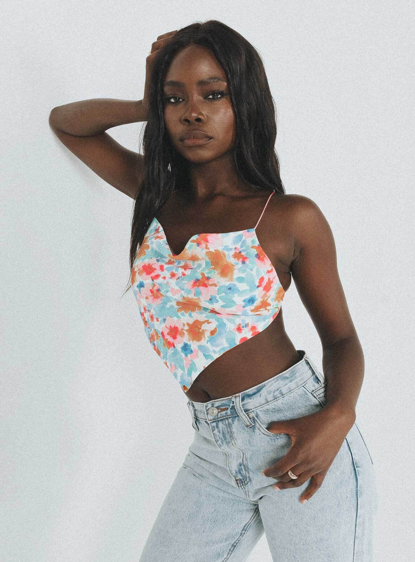 front view of model wearing Princess Polly Selby Top Blue Floral 