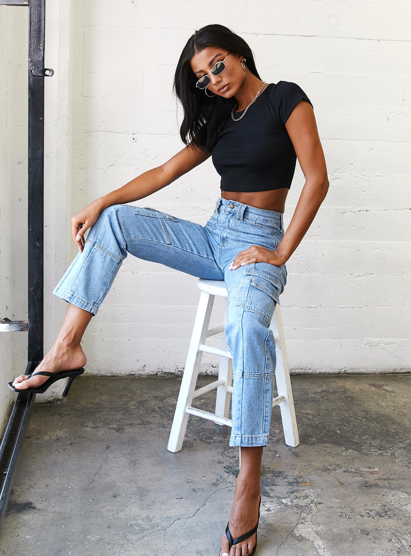 back view of model wearing Princess Polly The Classic Cropped Tee Black 