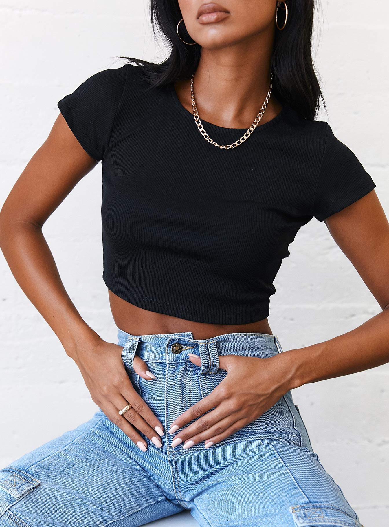front view of model wearing Princess Polly The Classic Cropped Tee Black 