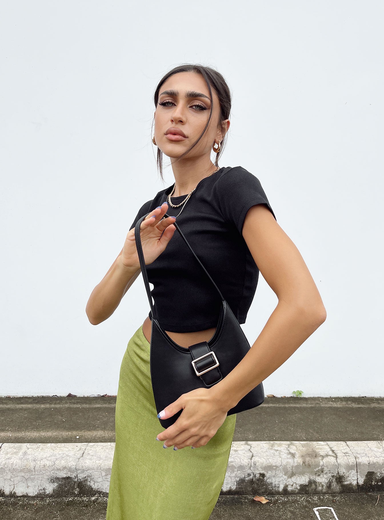 side view of model wearing Princess Polly The Classic Cropped Tee Black 