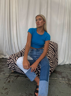 side view of model wearing Princess Polly The Classic Cropped Tee Dark Blue 