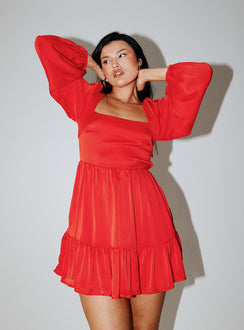 front view of model wearing Princess Polly Tropez Long Sleeve Mini Dress Red 