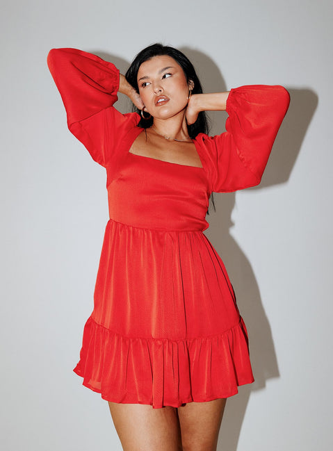 front view of model wearing Princess Polly Tropez Long Sleeve Mini Dress Red 