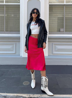   front view of model wearing Princess Polly Tyra Satin Midi Skirt Red Midi Skirts 