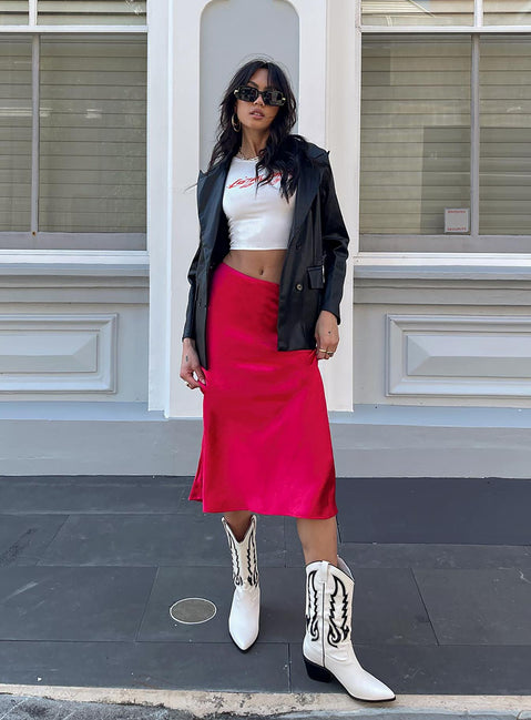   front view of model wearing Princess Polly Tyra Satin Midi Skirt Red Midi Skirts 