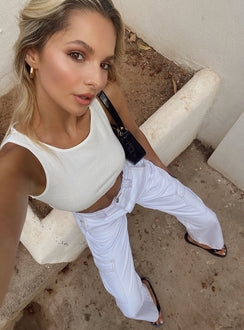 back view of model wearing Princess Polly Utility Cargo Denim Jeans White High Waisted 