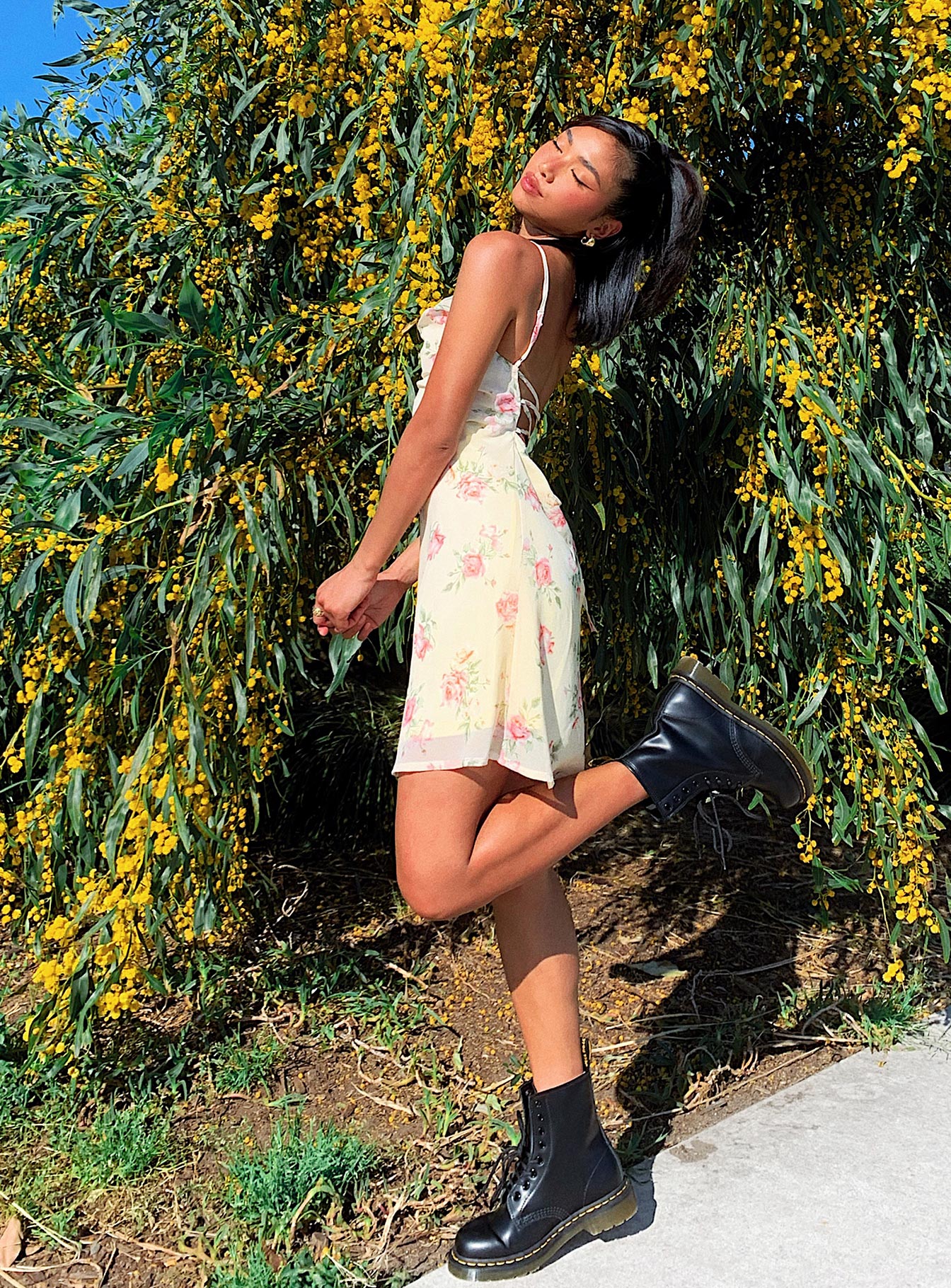back view of model wearing Princess Polly Watson Mini Dress Yellow 