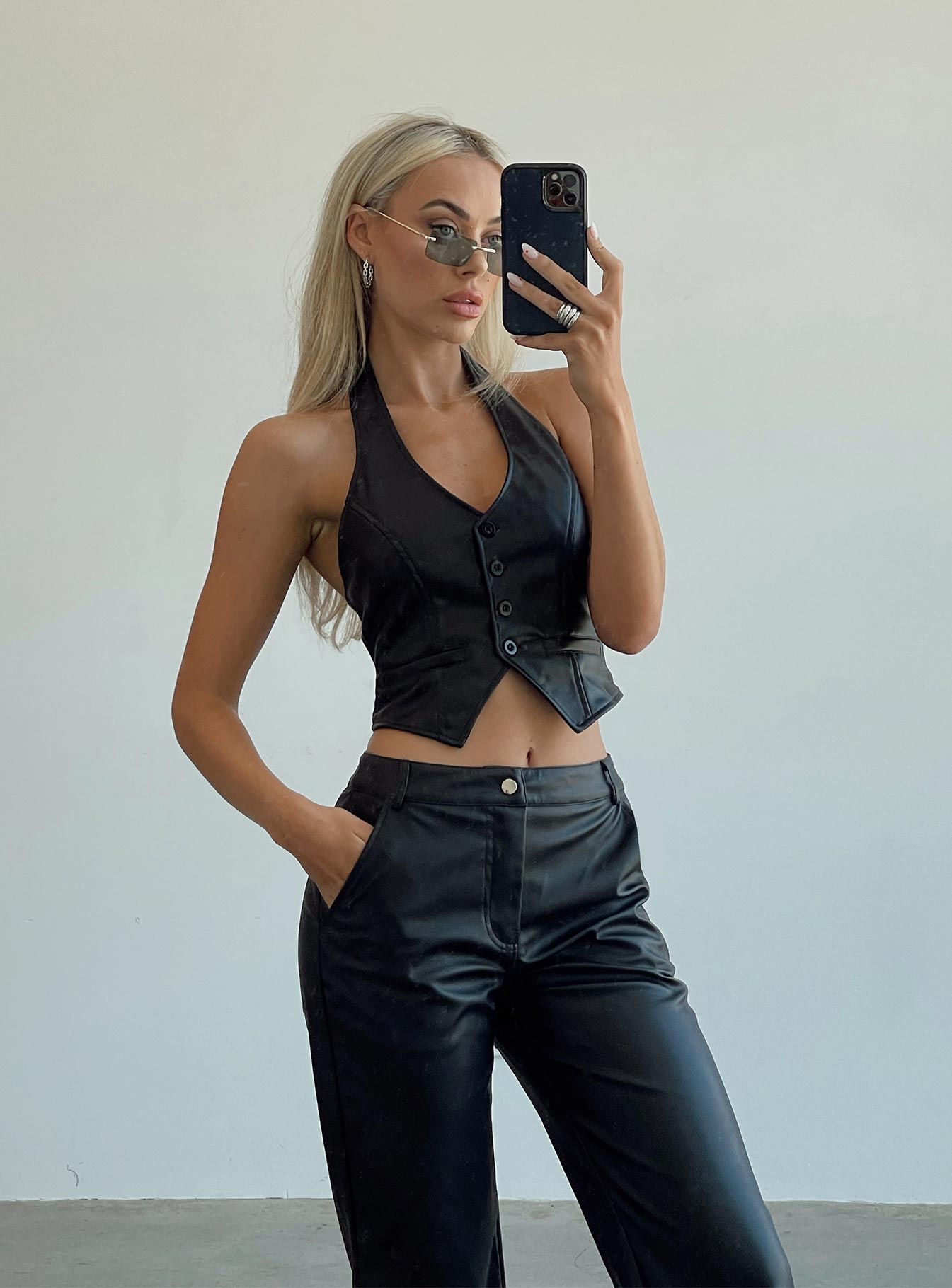 front view of model wearing Princess Polly Hollie Vest Black Eco 