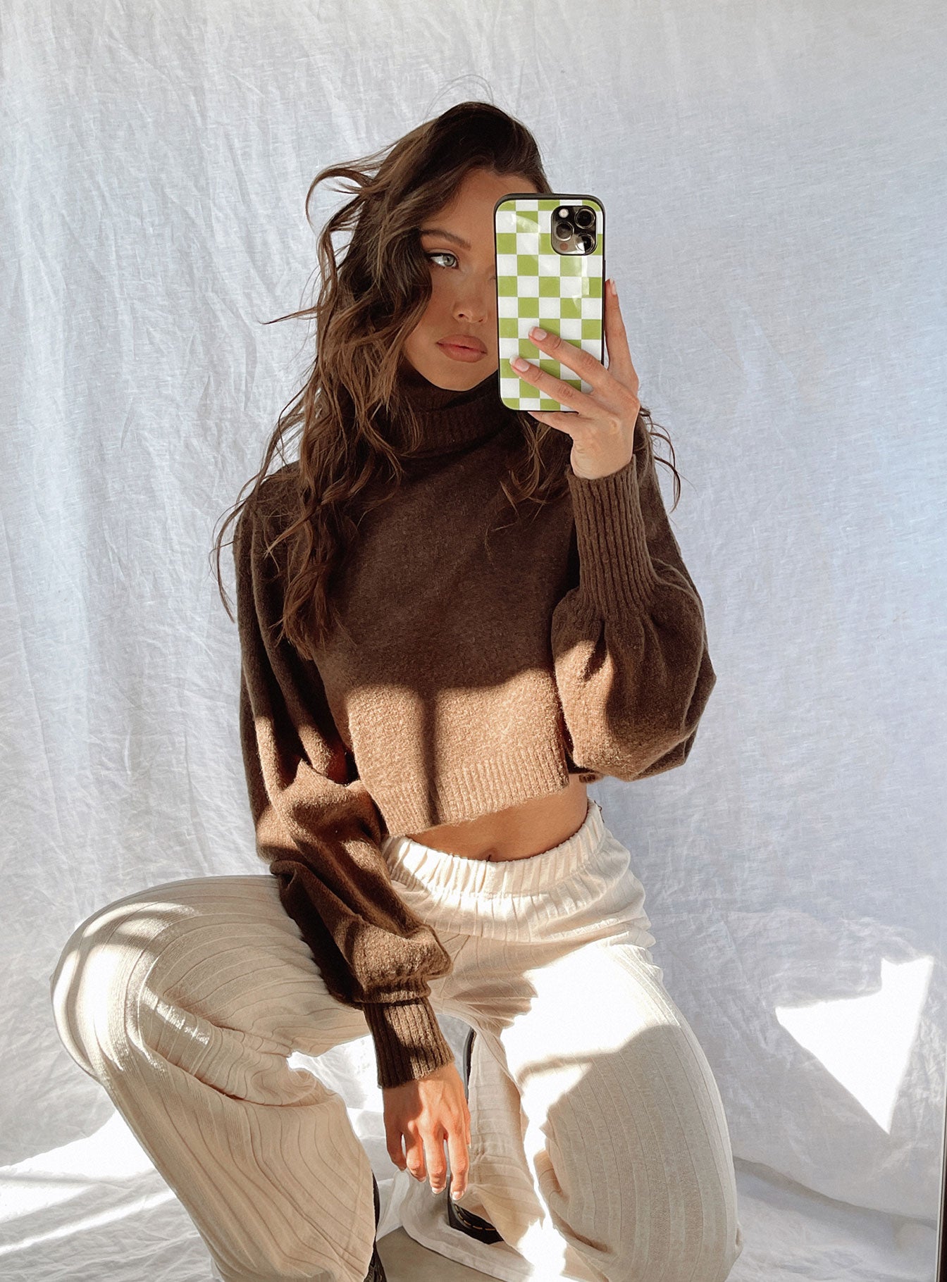 front view of model wearing Princess Polly Zahara Cropped Turtleneck Sweater Brown Cropped 