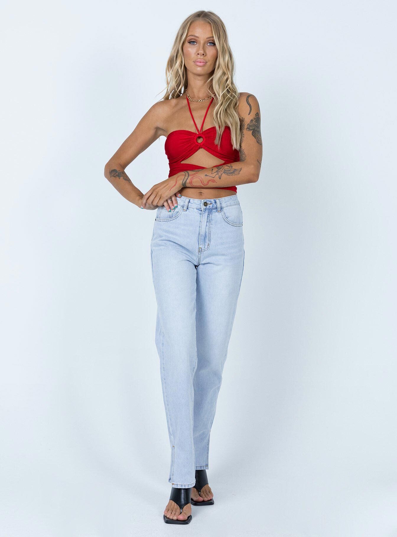 side view of model wearing Princess Polly Loriella Ring Detail Crop Top Red 
