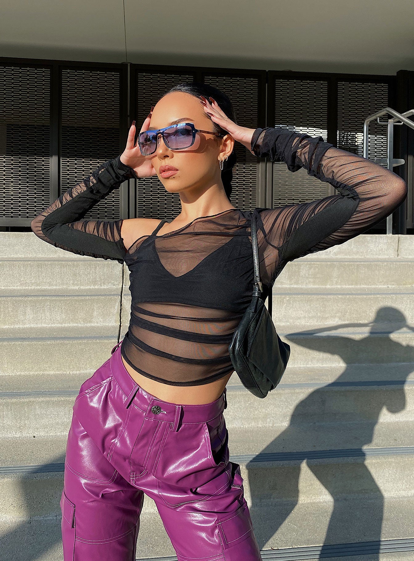 front view of model wearing Princess Polly Layla Long Sleeve Top Black 