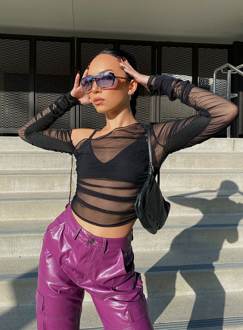 front view of model wearing Princess Polly Layla Long Sleeve Top Black 