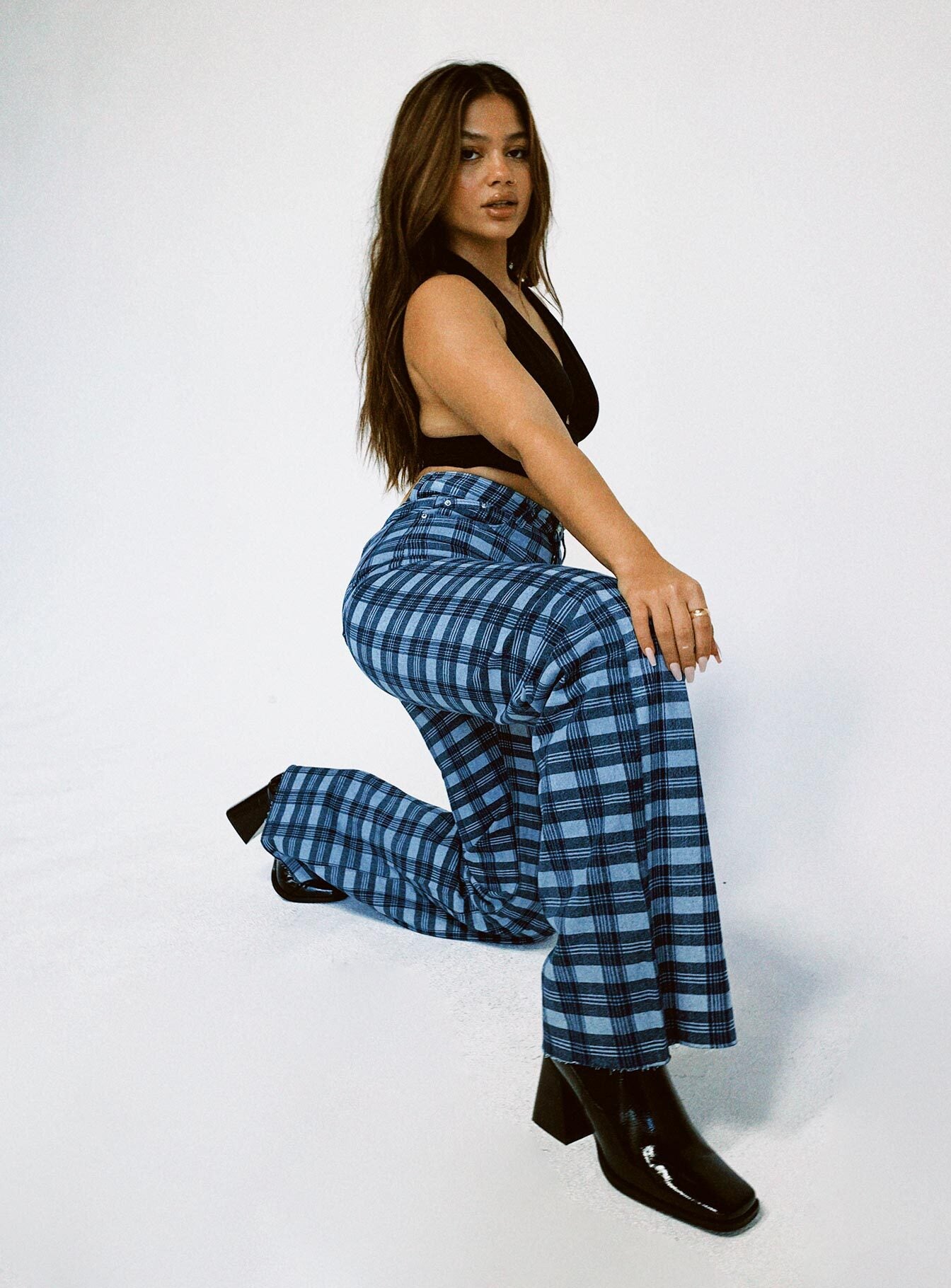 back view of model wearing Princess Polly Alice Wide Leg Check Jeans Denim Mid Rise 