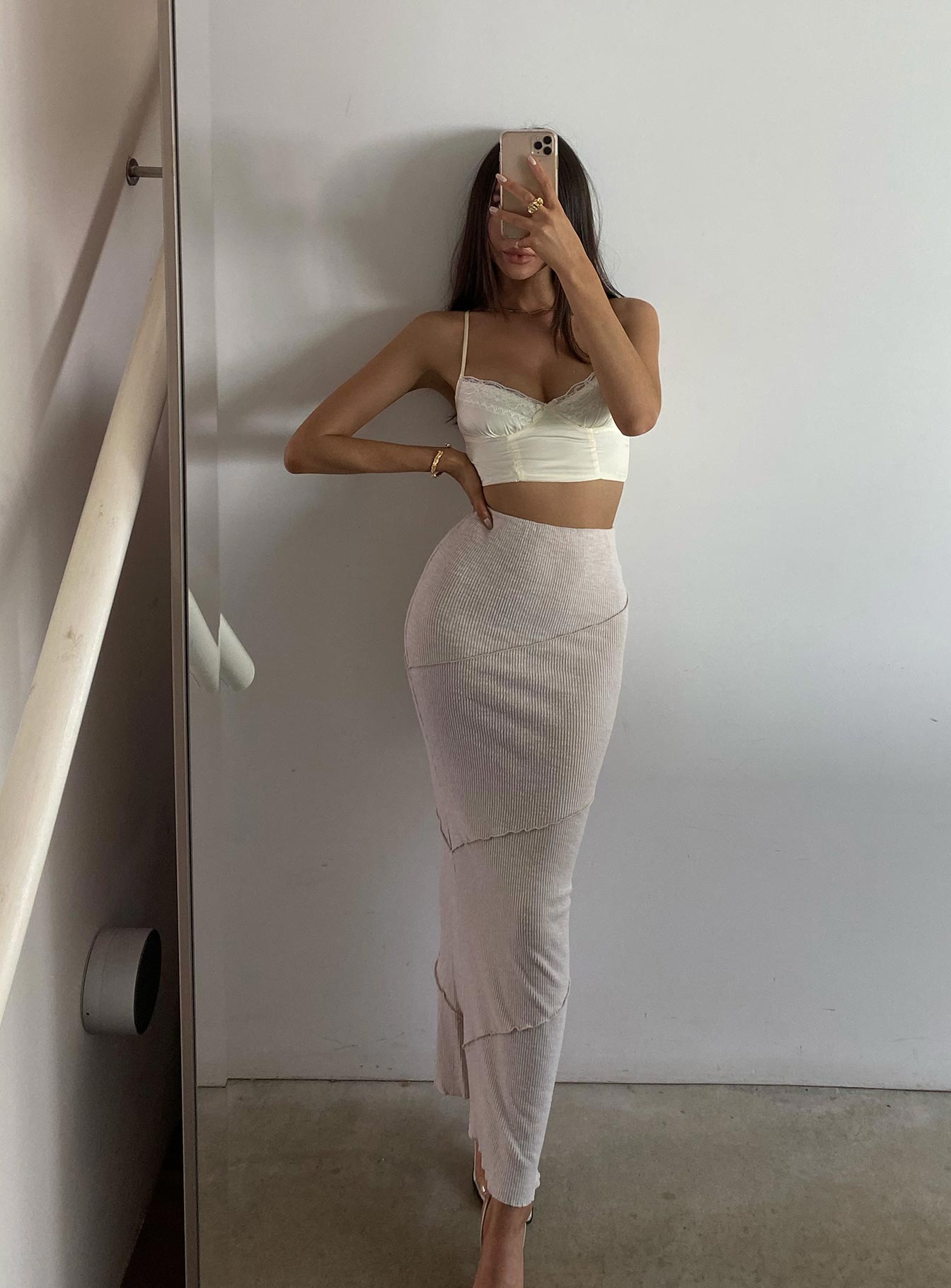 Front view of model wearing  front Oscar Maxi Skirt Beige Princess Polly  Midi Skirts 