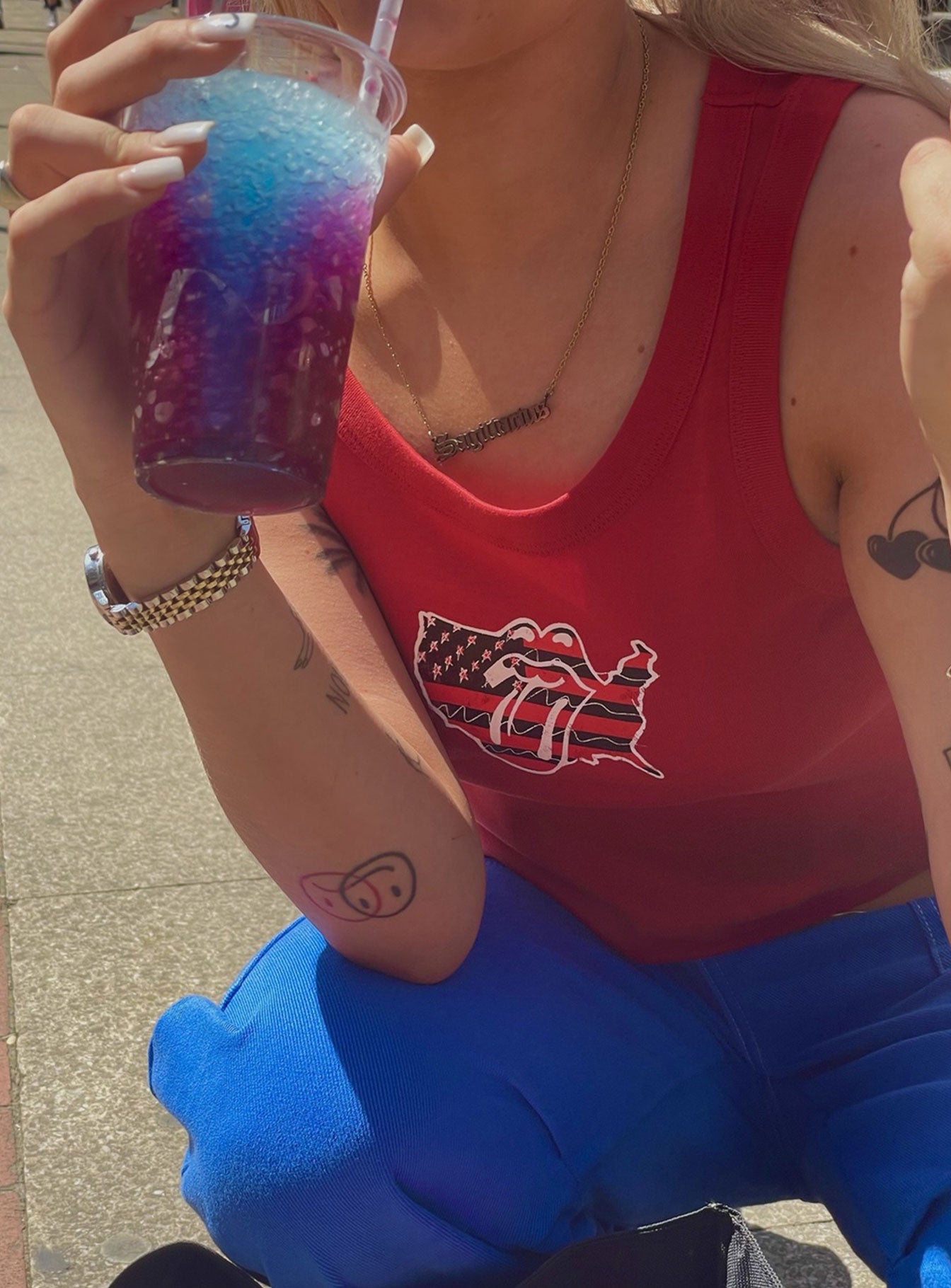 product Princess Polly Sleeveless Square Neck  The Rolling Stones America Cropped Tank Red