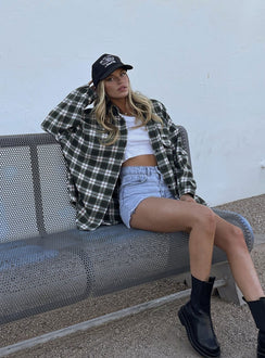 side view of model wearing Princess Polly Ken Checkered Shirt Green 