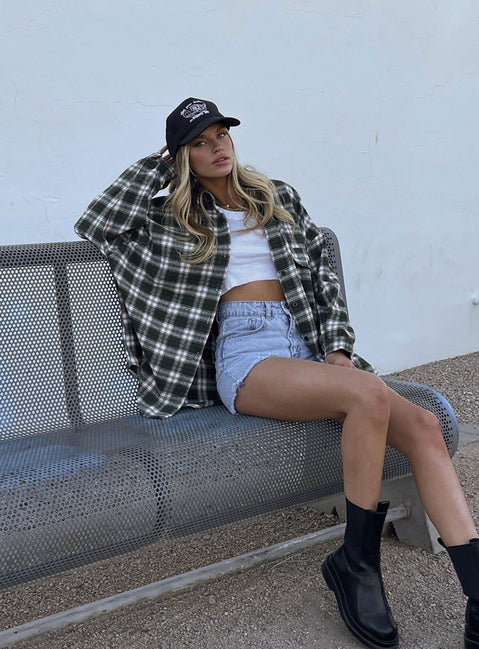 side view of model wearing Princess Polly Ken Checkered Shirt Green 