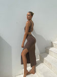 side view of model wearing Princess Polly Billie Midi Dress Brown 