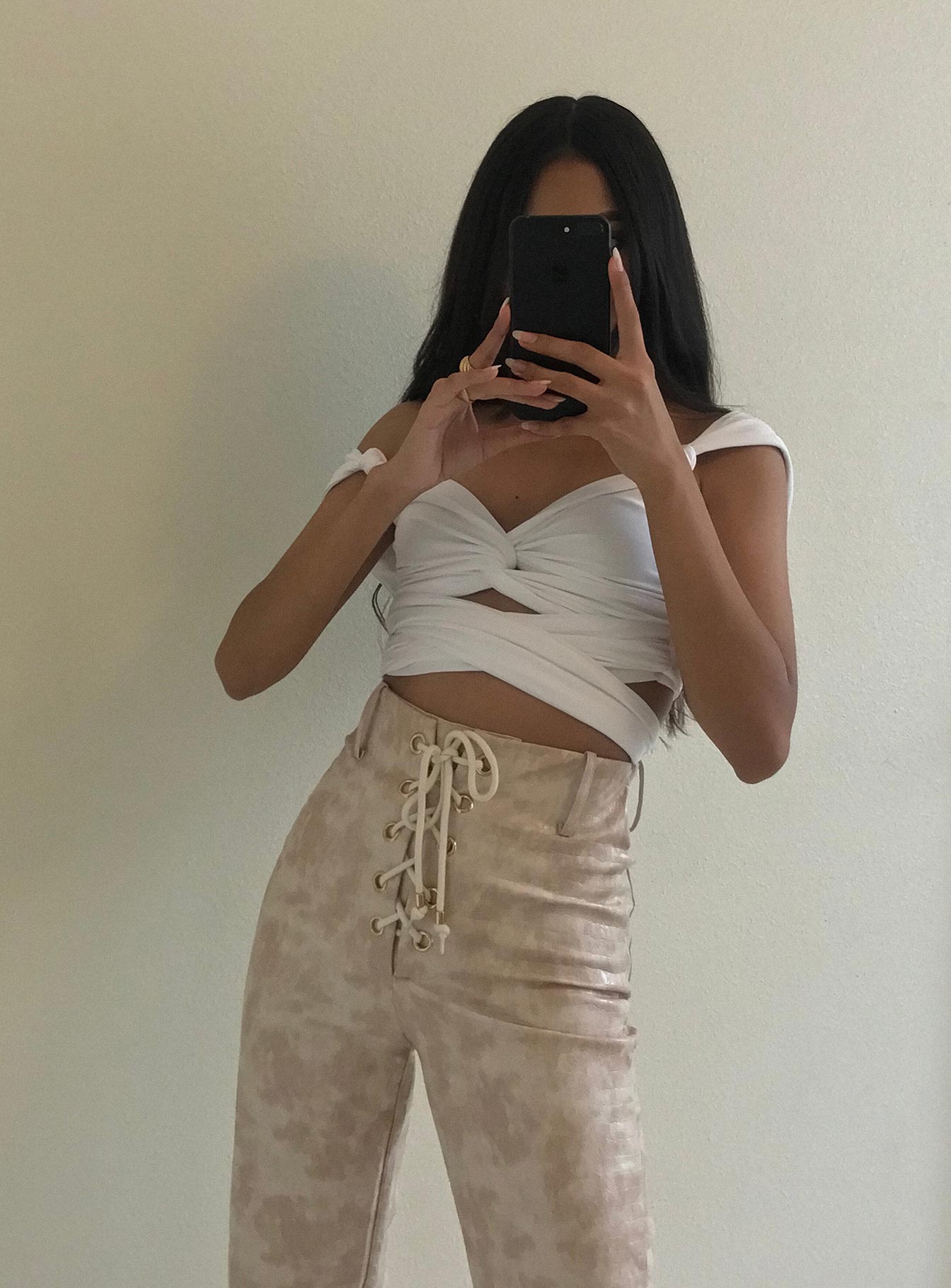 front view of model wearing Princess Polly Porto Cervo Tie Up Crop White 