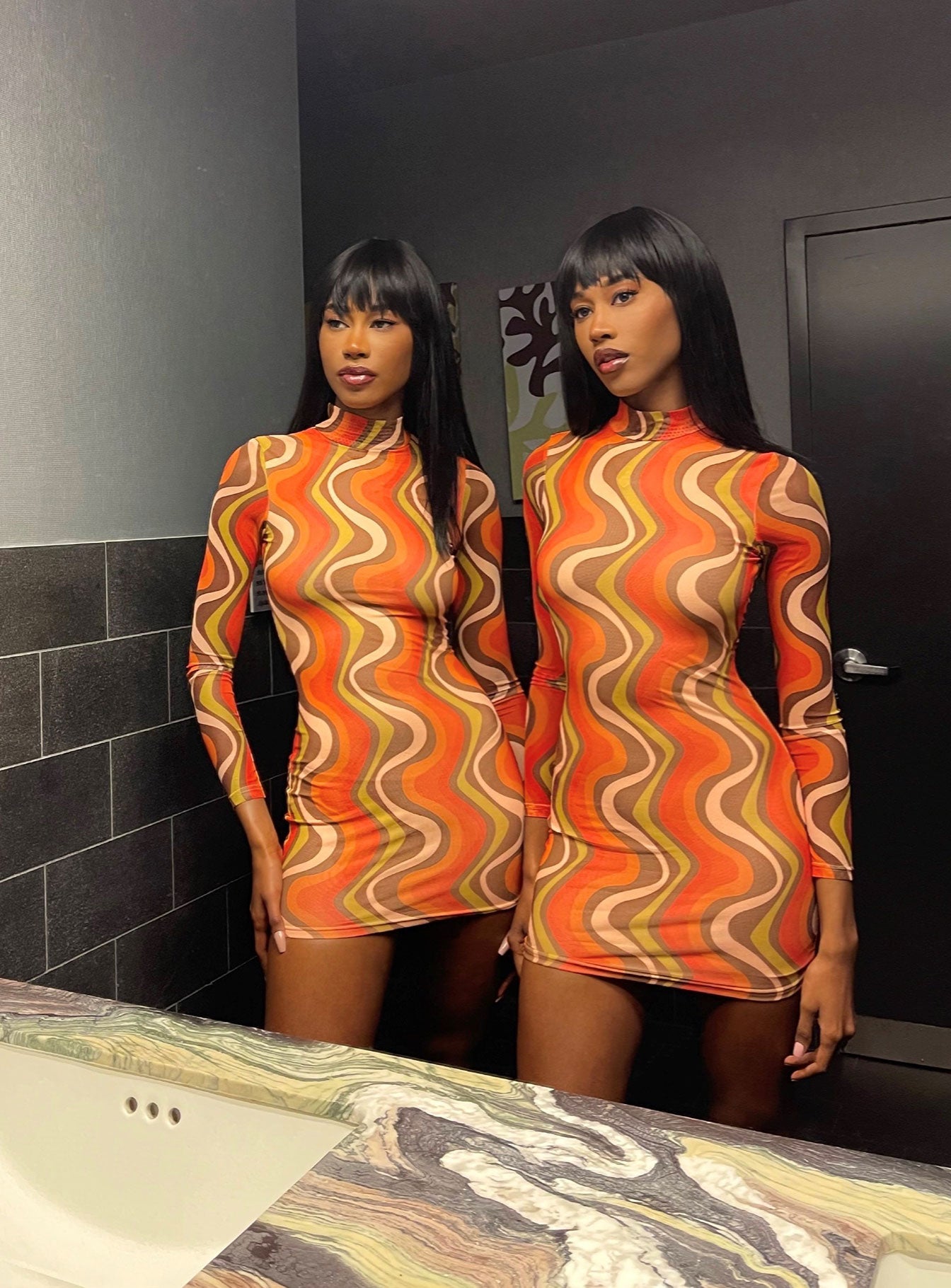 product Princess Polly Asymmetric Neckline  Orion Long Sleeve Mini Dress Orange Multi